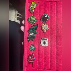 Single Clip-On Vintage Earrings‎ Green Rhinestones